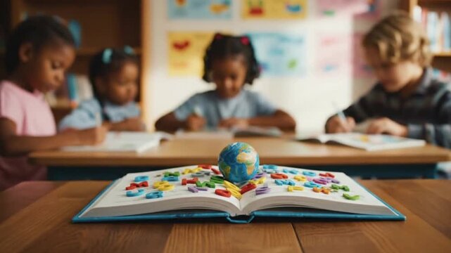 Classroom with children open book covered in letter magnets and a globe in the foreground - Powered by Adobe