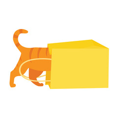 Ginger cat play with yellow paper shopping bag. Cat pushing head into paper bag
