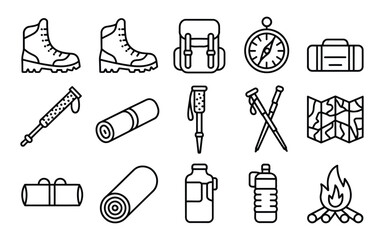 Obraz premium Outdoor & Camping Line Icons Vector Set: Hiking, Adventure & Survival Equipment Outline Collection for Nature Enthusiasts