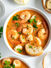 A bowl of creamy shrimp soup garnished with parsley and served with a piece of bread. The soup has a reddish-orange color and several whole shrimp are visible.