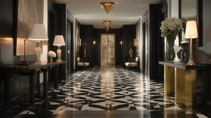 art deco entryway, monochrome floor tiles, brass lighting, symmetrical furniture, elegant vibe 