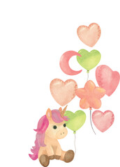 Obraz premium Adorable unicorn toy with a bunch of cheerful balloons. Ideal for birthday cards, baby shower invitations, and children’s room art.