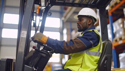 Professional African American mechanic operating a forklift inside a busy industrial warehouse for maintenance.