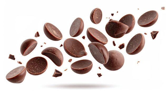 Dark Chocolate Callets Falling on White Background