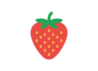 Simple vector illustration of a red strawberry with green leaves and yellow seeds