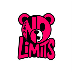 A pink and black graphic design logo featuring a cartoon bear with the words 