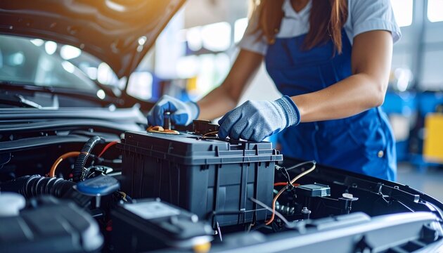 Skilled female mechanic performing car engine maintenance in a modern auto repair shop.