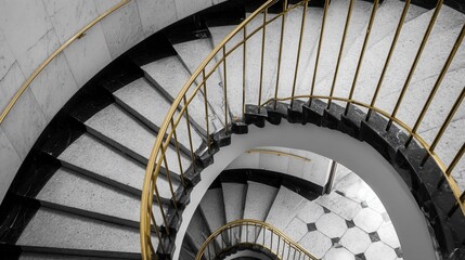 Fototapeta premium art deco staircase, sweeping lines, brass railing, marble steps, black and white contrast 
