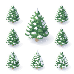 Fototapeta premium A flat 2D isometric vector illustration of an evergreen tree with snowflakes set collection, clean minimal design, transparent background — animated-style look, designed by me. eps format design