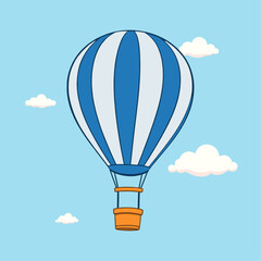 Fototapeta premium Blue and White Striped Hot Air Balloon Floating in a Clear Sky with Clouds