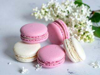 A close-up of colorful macarons, some pink and some white, arranged near a sprig of white lilac flowers. 