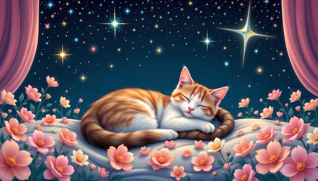 a serene nighttime scene featuring a cat comfortably sleeping in a floral bed atop a floating stage with an astrological backdrop