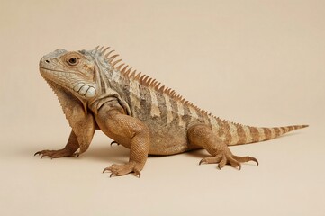Obraz premium Studio iguana portrait, beige background, reptile profile, wildlife photography, pet advertising