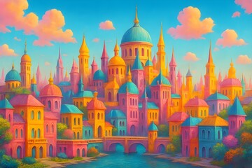 Obraz premium Dreamlike Fantasy City with Vibrant Architecture and River Views