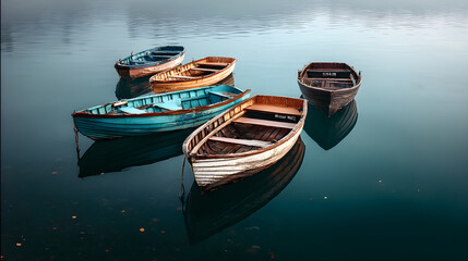 Obraz premium Serenity at Dawn: A Tranquil Scene of Boats Gently Floating on the Mirror-Like Surface of a Calm Lake Under a Clear Sky