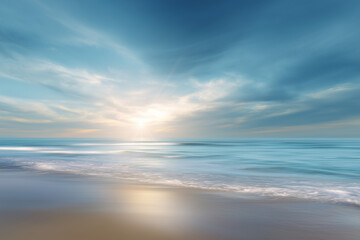 Fototapeta premium Serene ocean beach at sunrise with gentle waves and a vibrant sky filled with soft clouds