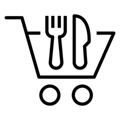 Comida para llevar. Logo carreta con cubiertos. Icono carrito de la compra con cuchillo y tenedor con líneas  © teracreonte