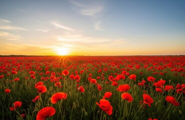 Fototapeta premium Sunset casts golden glow over poppy field filled with red blossoms creating peaceful spring meadow landscape ideal for floral backgrounds and seasonal designs