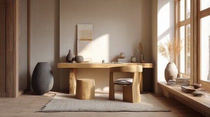 japandi home office, wooden desk by window, soft rug, clay accessories, simple shapes