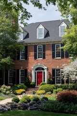 Beautiful brick house with well-maintained garden during daytime in suburban neighborhood showcases classic architecture and vibrant landscaping