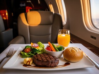 Elegant gourmet steak meal on private jet table served at sunset with orange juice and salad during luxury flight experience