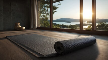 A yoga mat lies in a tranquil, sunlit room with a scenic outdoor view, creating an inviting space for relaxation and meditation.