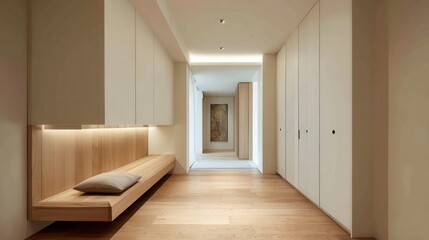 Obraz premium japanese minimalist hallway, clean walls, built-in storage, natural floor, indirect lighting, soft quiet tones 