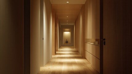 Fototapeta premium japanese minimalist hallway, clean walls, built-in storage, natural floor, indirect lighting, soft quiet tones 