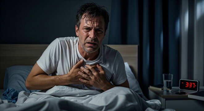 Man holding his chest in pain sitting up in bed during night. Healthcare and medical concept for heart attack or serious illness.