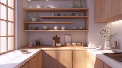 japanese minimalist kitchen, clean wooden cabinetry, ceramic details, built-in shelves, zen inspired layout, soft tones 