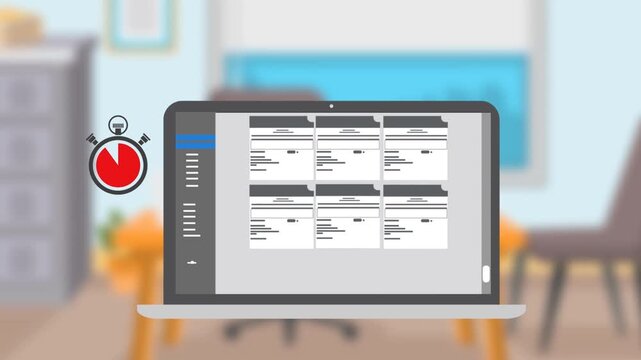 Tablet displaying multiple tasks and stopwatch &ndash; animated workplace productivity and efficiency concept
