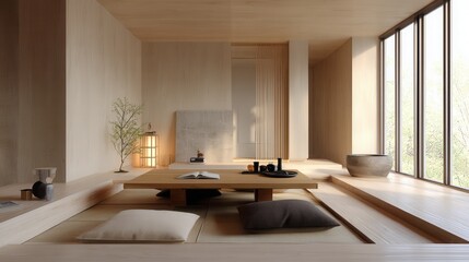 japanese minimalist workspace, low desk, floor seating, neutral palette, light wood walls, calm focused vibe 