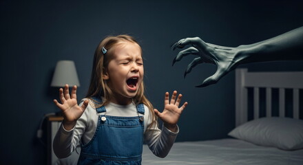 Fototapeta premium Little girl screaming in fear from a monster's hand in her bedroom. Child nightmare and horror on Halloween night, fear concept.