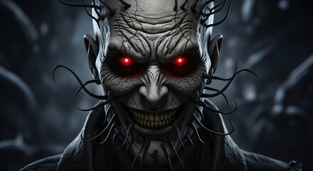 Naklejka premium Close up of a spooky man with glowing red eyes and a sinister smile for Halloween celebration. Horror monster creature concept.