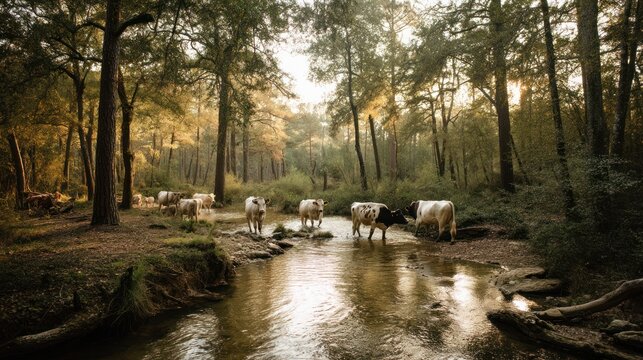 A herd of cows crossing a shallow stream in the forest during golden hour