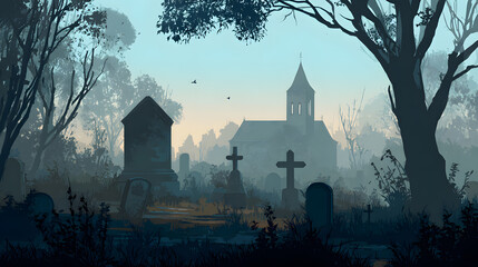 Foggy old cemetery haunted spooky graveyard. Haunting Foggy Cemetery. Illustration