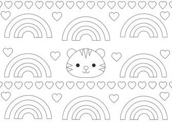 Charming whimsical pattern featuring a cute tiger face amidst repeating rainbows and heart accents