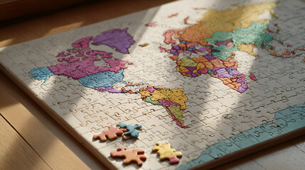 Colorful World Map Puzzle with Missing Pieces on Wooden Surface 1.