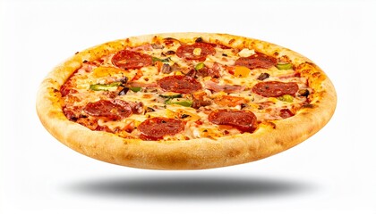 Full pizza with four distinct topping sections&mdash;cheese, veggie, meat, and supreme&mdash;floating on clear PNG layer, studio-style lighting