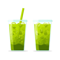 A stylized festive iced matcha drink with a straw, designed as a simple flat 2D vector illustration — transparent background included, made by me.
