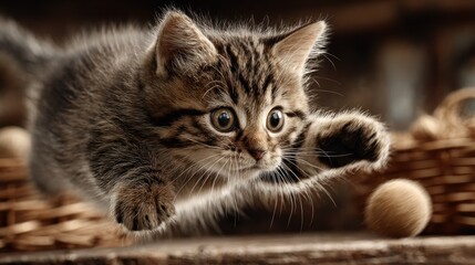 Leaping tabby kitten reaches for yarn ball, cute blurred rustic background