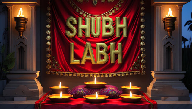 Auspicious shubh labh diwali decoration with lit diyas and candles, golden text on red fabric, pillars, and ornate design for a traditional hindu festival celebration