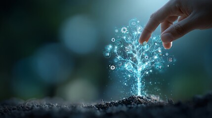 Hand Interacting with Glowing Digital Tree of Technology Growing from Soil on Blue Bokeh Background