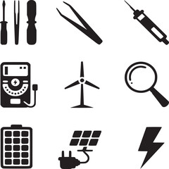 Vector art of set of tools and instruments for repair, measurement, and renewable energy isolated on white background