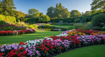 Obraz premium Lush garden curved flowerbeds, pond, bridge, and manicured hedges