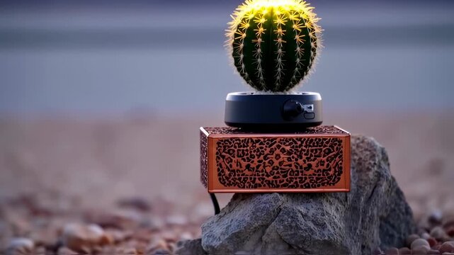 Levitating cactus display with magnetic levitation technology in desert landscape