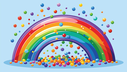 Obraz premium Colorful cartoon rainbow illustration in a bright summer sky with clouds and sun, a vibrant nature design element