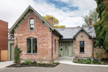 Beautifully renovated historic brick home located in a serene neighborhood showcasing elegant architectural details and modern landscaping amidst a clear sky