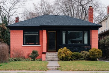 Charming bungalow with a black roof and colorful brick facade stands in a suburban neighborhood during a cloudy day in early spring
