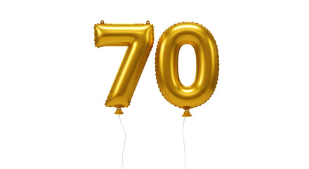 Golden Number Seventy Balloons Floating Against Transparent Background for Celebration and Anniversary Decorations